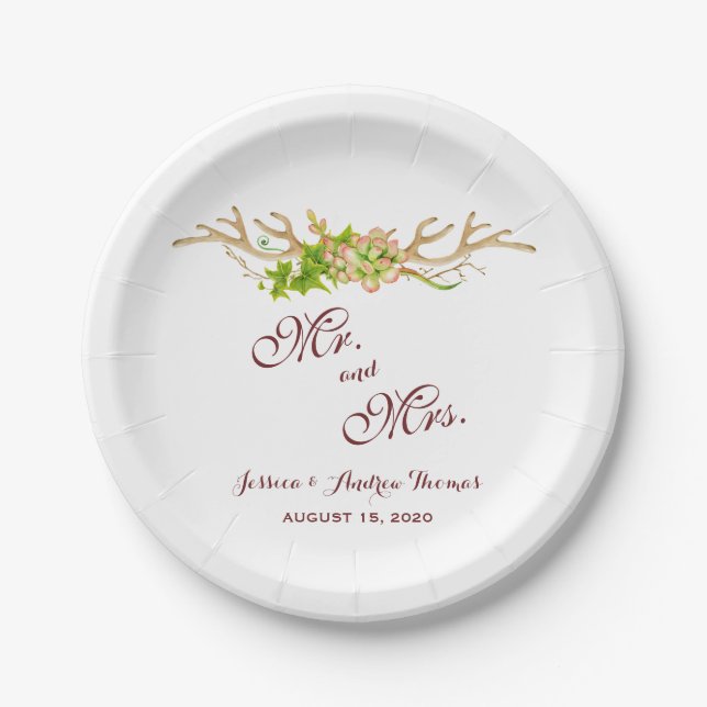 Rustikale Wedding Geweihe u. Wildblumen Pappteller (Vorderseite)