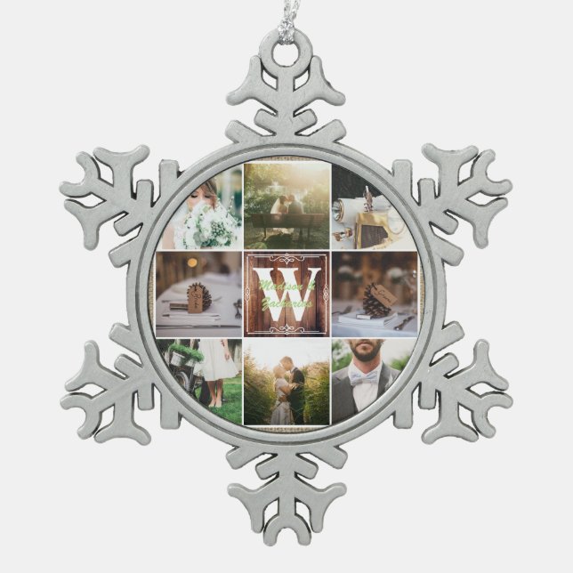 Rustikale Wedding Instagram Schneeflocken Zinn-Ornament (Vorderseite)