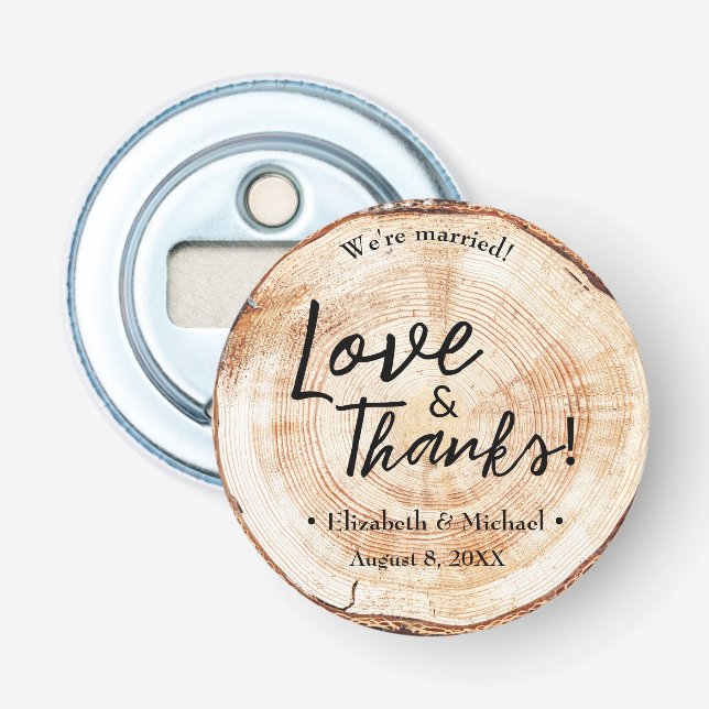 Rustikale Wedwood Cut Disk Liebe und Danke Flaschenöffner (Vorderseite)