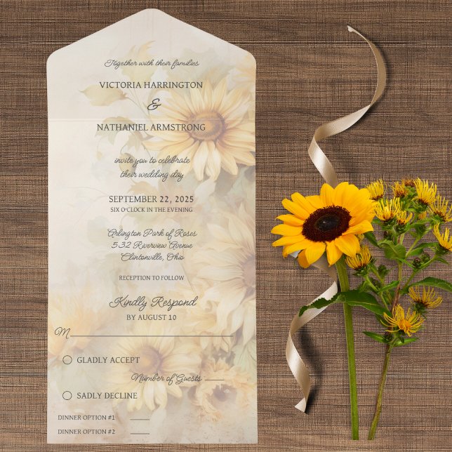 Rustikale weiche goldene Sonnenblumen All In One Einladung (Also available with QR code or without dinner options. )