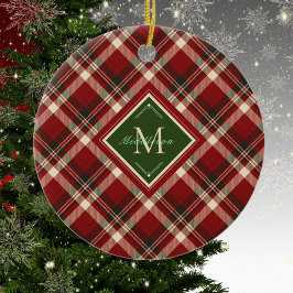 Rustikale Weihnachten Karierte grüne Monogram Name Keramik Ornament