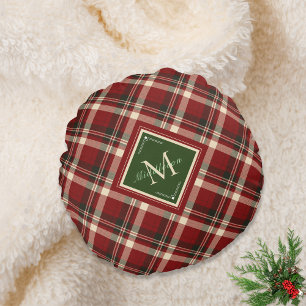 Rustikale Weihnachten Karierte grüne Monogram Name Rundes Kissen