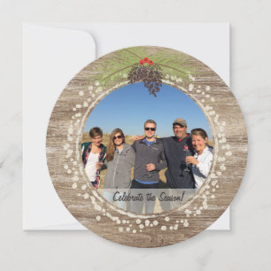 Rustikale Weihnachts-Foto-Collage Holz & Kiefernza Einladung