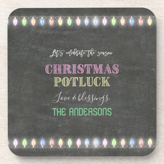 Rustikale Weihnachts Potluck Chalkboard String Lig Getränkeuntersetzer (Vorderseite)