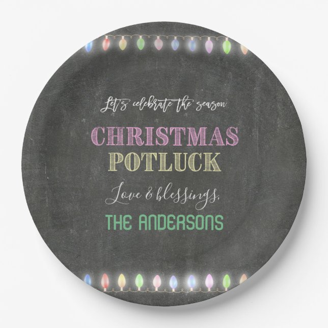 Rustikale Weihnachts Potluck Chalkboard String Lig Pappteller (Vorderseite)