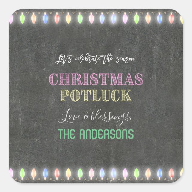 Rustikale Weihnachts Potluck Chalkboard String Lig Quadratischer Aufkleber (Vorderseite)