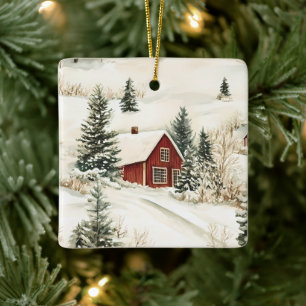 Rustikale Weihnachts-Waldhütte Keramikornament