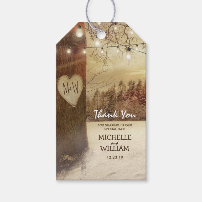 Rustikale Weihnachts-Winterbaum-Gastgeschenk Hochz Geschenkanhänger (Vorderseite)
