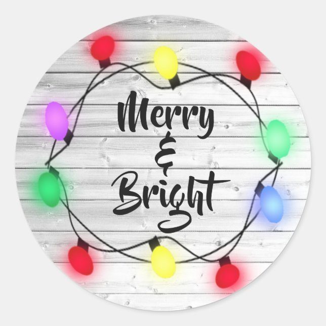 Rustikale Weihnachtsaufkleber "Merry & Bright" Runder Aufkleber (Vorderseite)