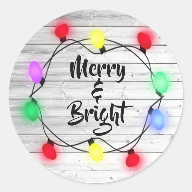 Rustikale Weihnachtsaufkleber "Merry & Bright" Runder Aufkleber (Vorderseite)
