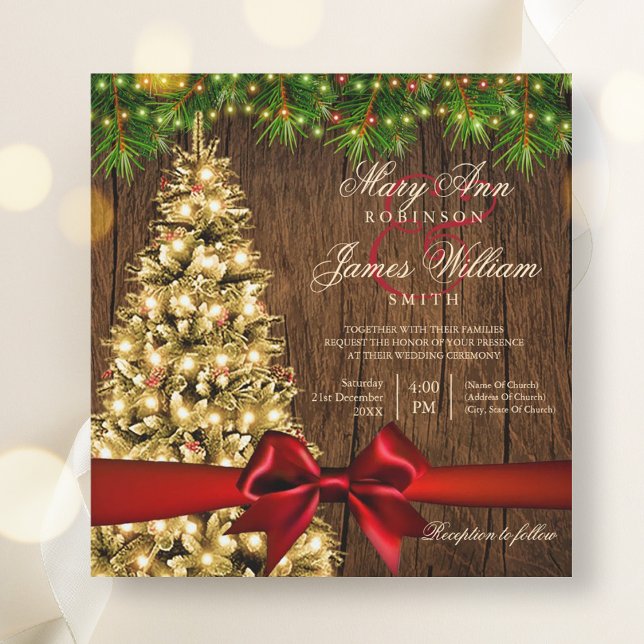 Rustikale Weihnachtsbaum, Lichter & Rotes Band Einladung (Rustic Christmas Wedding Tree, Lights & Red Ribbon Invitation)