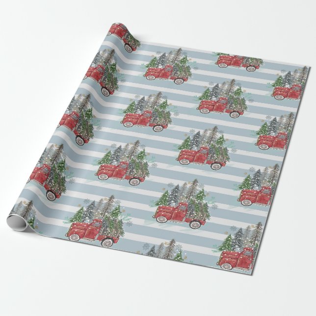 Rustikale Weihnachtsbaume Blau Streifen Geschenkpapier (Ungerollt)