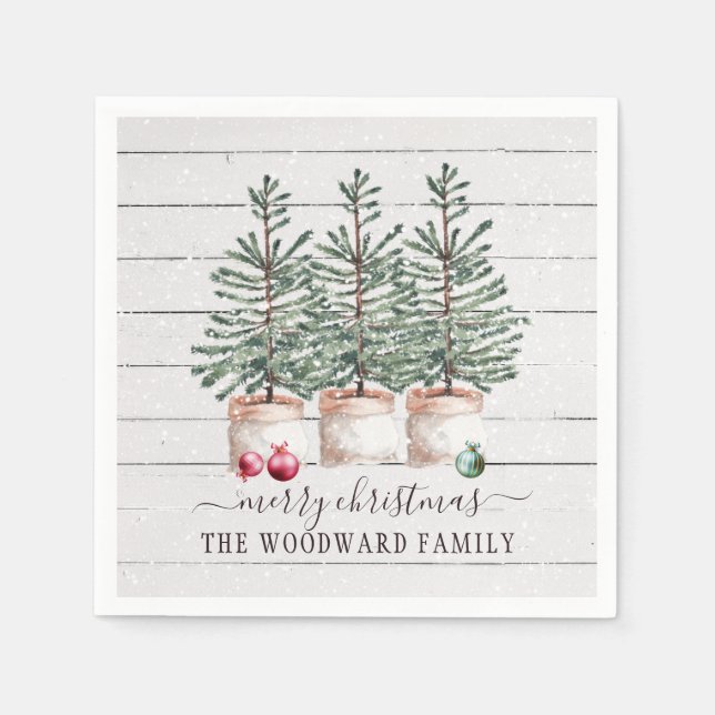 Rustikale Weihnachtsbaumen Familienname Serviette (Vorderseite)