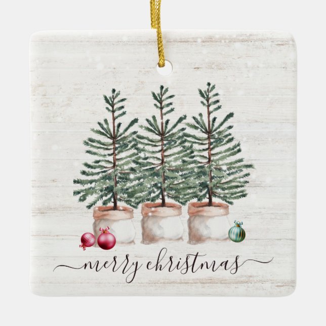Rustikale Weihnachtsbaumen Frohe Weihnachten Keramikornament (Vorderseite)