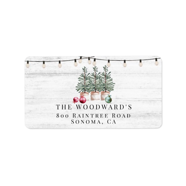 Rustikale Weihnachtsbaumen, Holzstring Lights - Ad Adressaufkleber (Vorne)