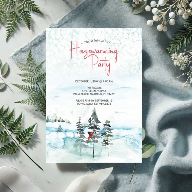 Rustikale Weihnachtsbaumen Party Invitati Feiertagskarte (Housewarming party invitations rustic winter watercolor scene by Victoria Grigaliunas)
