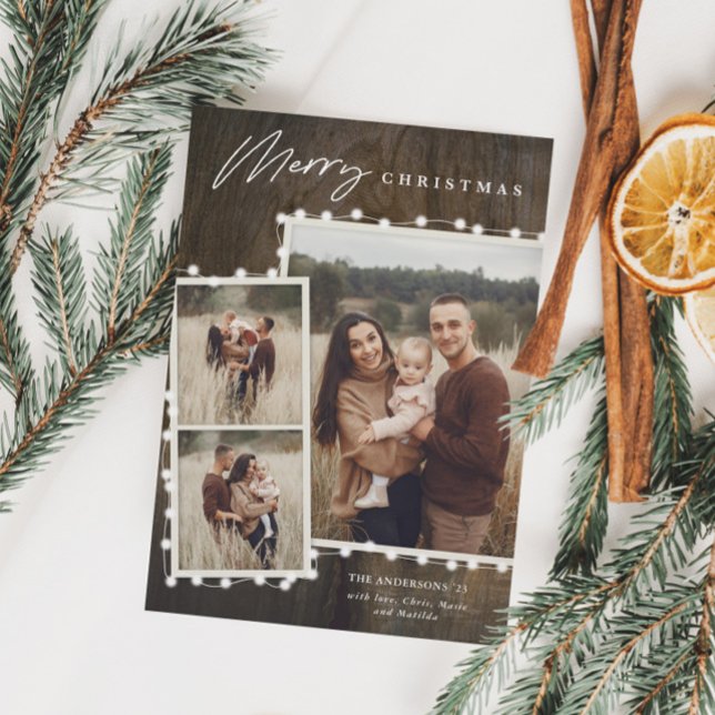 Rustikale Weihnachtsbeleuchtung 3 Foto Collage Url Magnetkarte (Rustic Christmas Fairy Lights 3 Photo Collage Holiday Card with Wood Background)