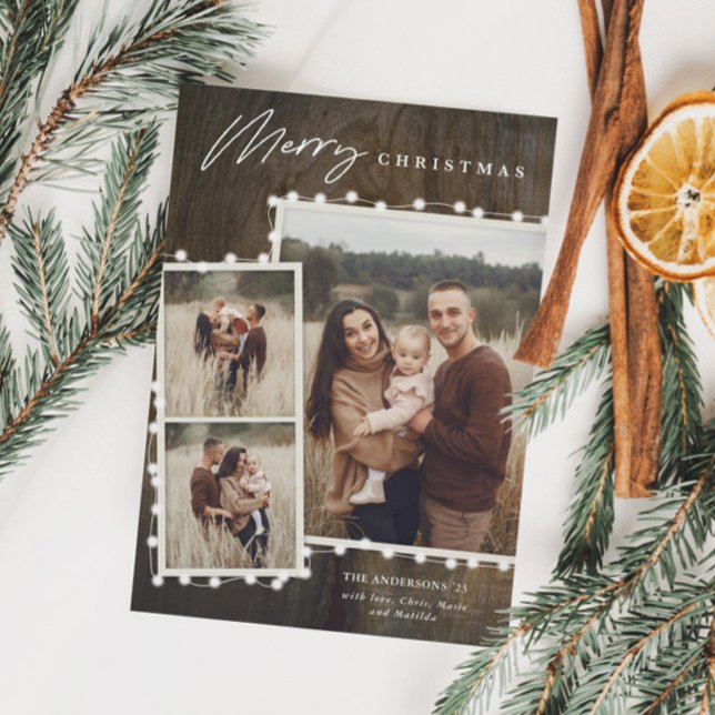 Rustikale Weihnachtsbeleuchtung 3 FotoCollage Feiertagskarte (Rustic Christmas Lights 3 Photo Collage Holiday Card)