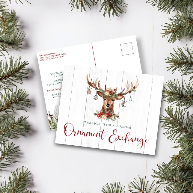 Rustikale Weihnachtsblütenbörse Feiertagspostkarte (Rustic Christmas Floral Antlers Ornament Exchange Holiday Postcard)