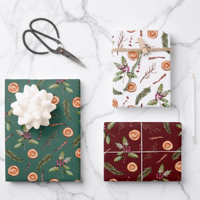 Rustikale Weihnachtsbotanicals Wrapping Paper Shee Geschenkpapier Set (Vorderseite)