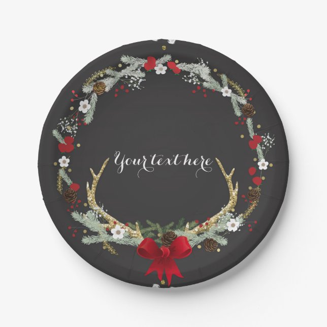 Rustikale Weihnachtsfeier Antler Wreath Holiday Pa Pappteller (Vorderseite)