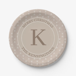 Rustikale Weihnachtsfeier Beige Monogram Pappteller
