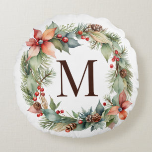 Rustikale Weihnachtsfeier Holly Poinsettia Wreath  Rundes Kissen