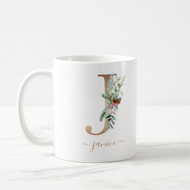 Rustikale Weihnachtsfeier Rote Berries Gold Monogr Kaffeetasse (Links)