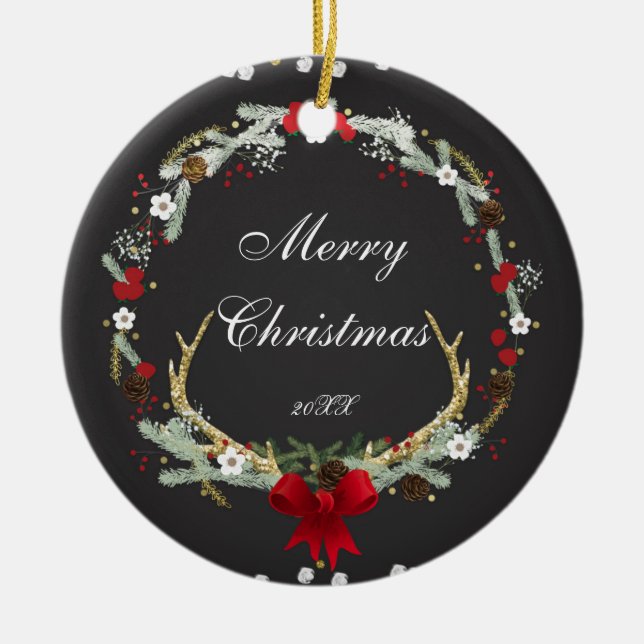 Rustikale Weihnachtsfeiertage im Antler Kranz Keramik Ornament (Vorne)