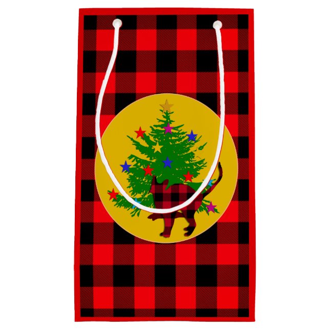 Rustikale Weihnachtskatze, Bäume und Rotes Buffalo Kleine Geschenktüte (Vorderseite)