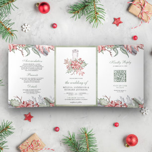 Rustikale Weihnachtskerze mit Poinsettie QR-Code H Dreifach Gefaltete Einladung