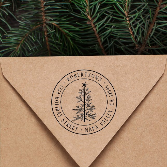 Rustikale Weihnachtskiefer Rücksendeadresse Rund Permastempel (Von Creator hochgeladen)