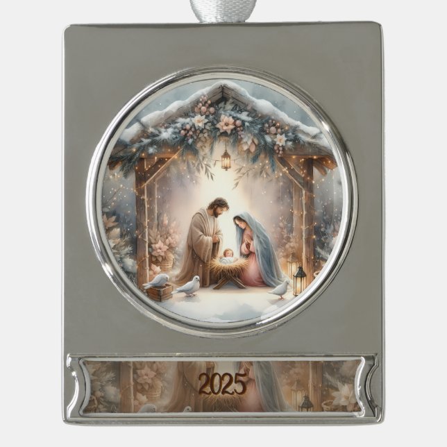 Rustikale Weihnachtskrippenszene mit Winterblumen  Banner-Ornament Silber (Vorderseite)