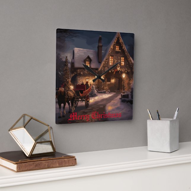Rustikale Weihnachtsmagie Quadratische Wanduhr (Büro)