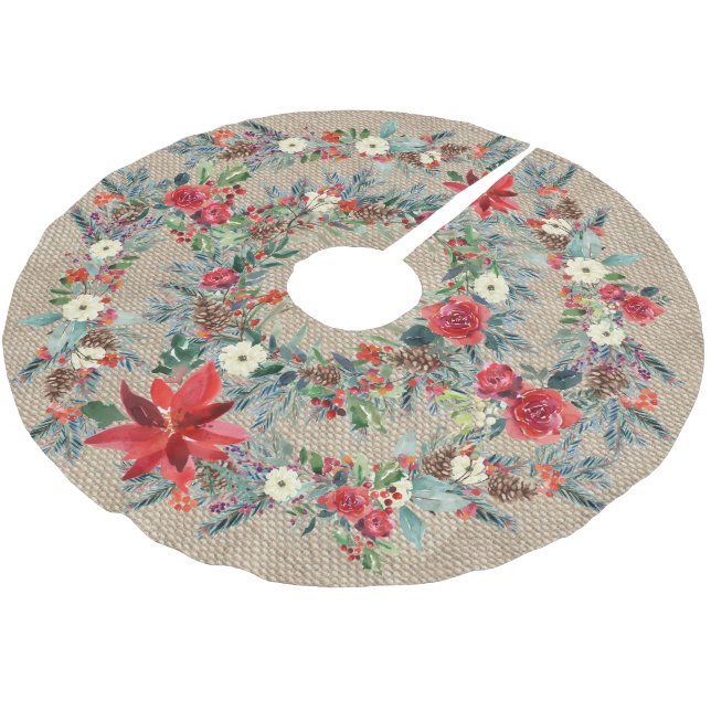 Rustikale Weihnachtspoinsettia Aquarellbeere Polyester Weihnachtsbaumdecke (Schrägansicht)