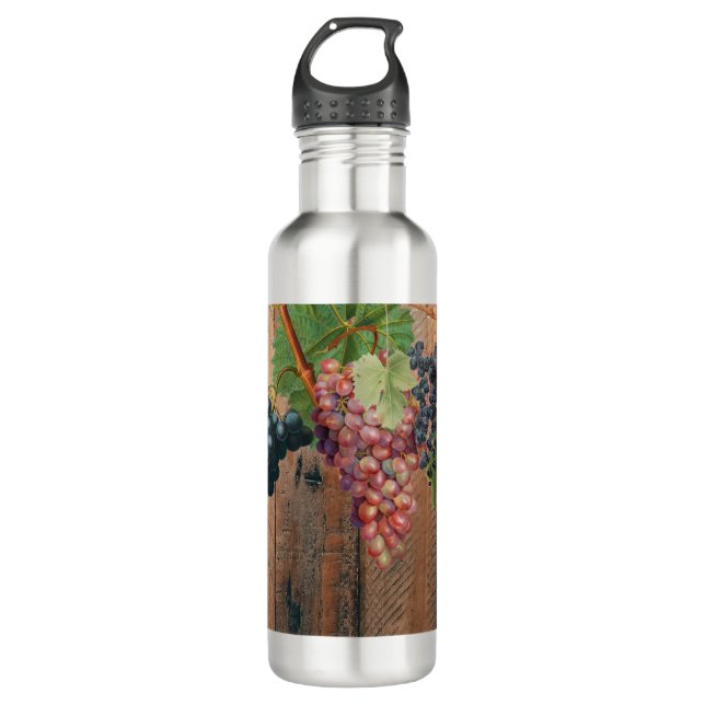 Rustikale Weinberge Holz & Trauben Edelstahlflasche (Vorderseite)