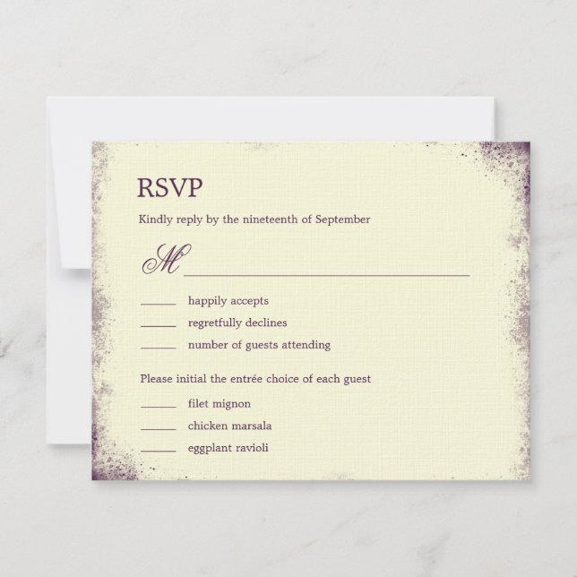 Rustikale Weinberghochzeit RSVP mit Menü - Lila (Vorderseite)