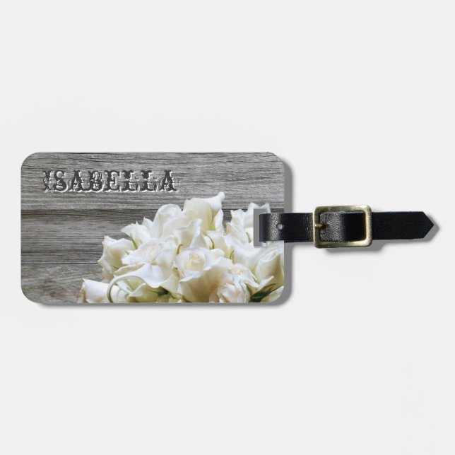 Rustikale weiße Blumen-personalisierter Gepäckanhänger (Vorderseite horizontal)