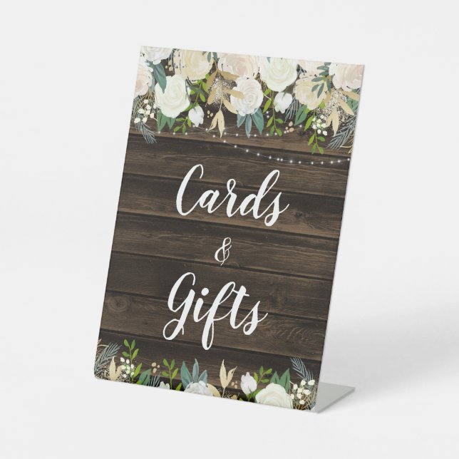 Rustikale, weiße Blumenstrauß-Lichtkarten und Gesc Sockelschild (Vorderseite)