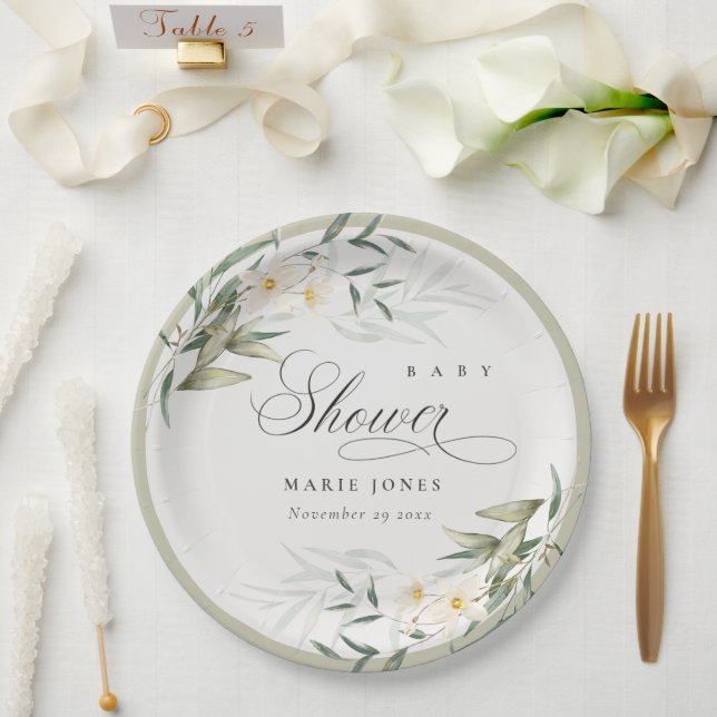 Rustikale weiße Grünpflanzen Blumenstrauß Babydusc Pappteller (Hochzeit)