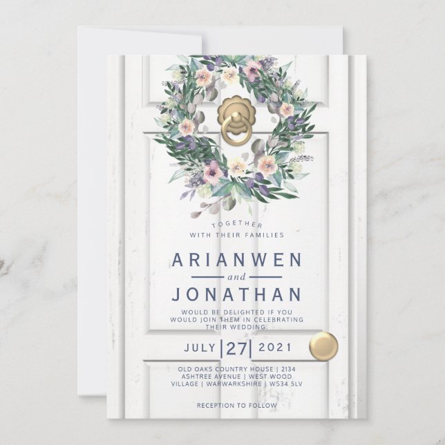 Rustikale weiße Hochzeitstür - Einladung (Vorderseite)