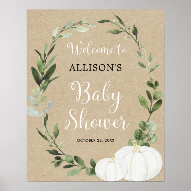 Rustikale weiße Kürbis Babydusche Begrüßungszeiche Poster (Vorne)