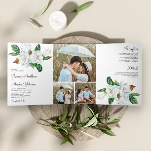 Rustikale weiße Magnolie Florale Foto-Collage-Hoch Dreifach Gefaltete Einladung