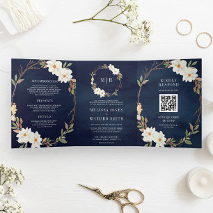 Rustikale weiße Magnolien-Blumen-QR-Code-Navy-Hoch Dreifach Gefaltete Einladung