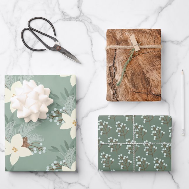 Rustikale weiße Poinsettien und Grünpflanzen Geschenkpapier Set (Vorderseite)