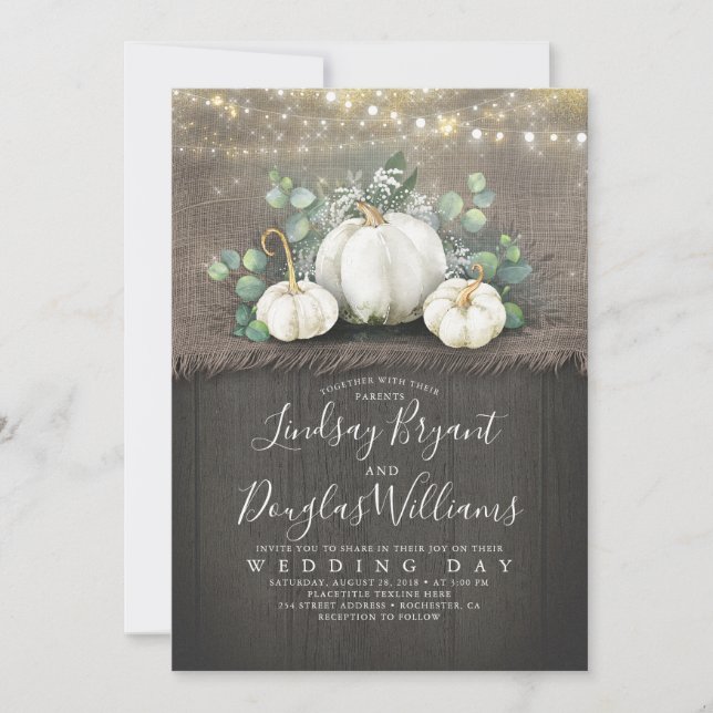 Rustikale Weiße Pumpkin und Gipskraut Hochzeit Einladung (Vorderseite)