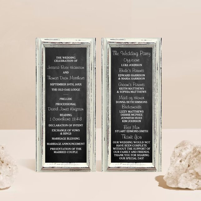 Rustikale weiße Rahmen- und Schiefertafel-Hochzeit Programm (Von Creator hochgeladen)