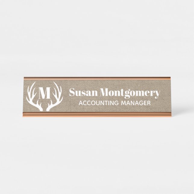 Rustikale weiße Rotwild-Geweih-Imitat-Leinwand Schreibtischnamensplakette (Vorderseite )