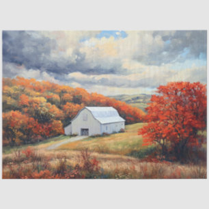 Rustikale weiße Scheune Herbstbäume Decoupage Seidenpapier