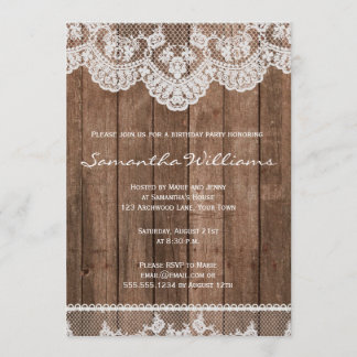 Rustikale Weiße Spitzen und Holz Geburtstag Einlad Einladung